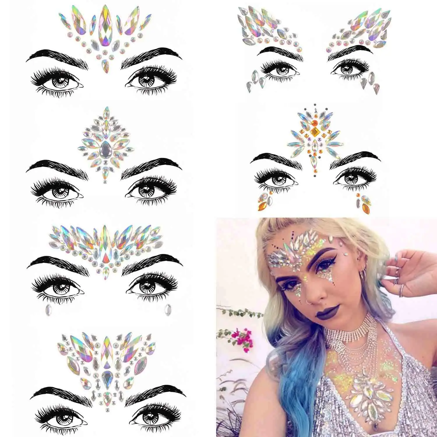 

6 Sets Face Gems Luminous Temporary Tattoo Stickers Acrylic Crystal Glitter Stickers Waterproof Face Jewels