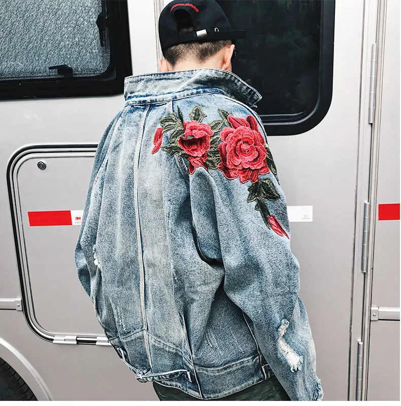 Veste en jean 3D brodée de fleurs roses pour hommes, vêtements d'extérieur  usés rétro, style urbain, hip hop, printemps, 2021