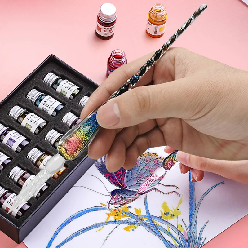Dip pen + 12 bottles color ink Dip pen Dip pen ink Glass dip pen Feather dip pen Crystal dip pen stationery Student writing