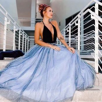 

Velour A line Prom Dresses 2020 V Neck Blue sequined Evening Gowns Party Dresses robe de soiree Long Elegant Formal Dress Women