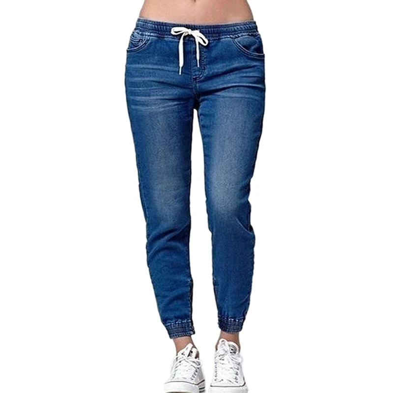 Women Casual Jogger Pants Drawstring Elastic Waisted Jeans Solid Ladies Denim Slim Leggings Dark Blue M |