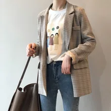 Женский винтажный клетчатый блейзер с вырезом, куртки в Корейском стиле, женские блейзеры для офиса, осенне-Весенняя женская куртка с длинными рукавами