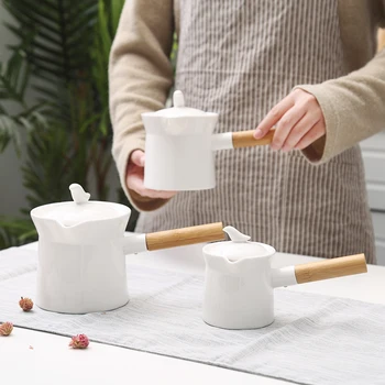 

Ceramic small milk pot wooden handle milk pot with lid baby food supplement pot home mini bubble flower teapot LB60803