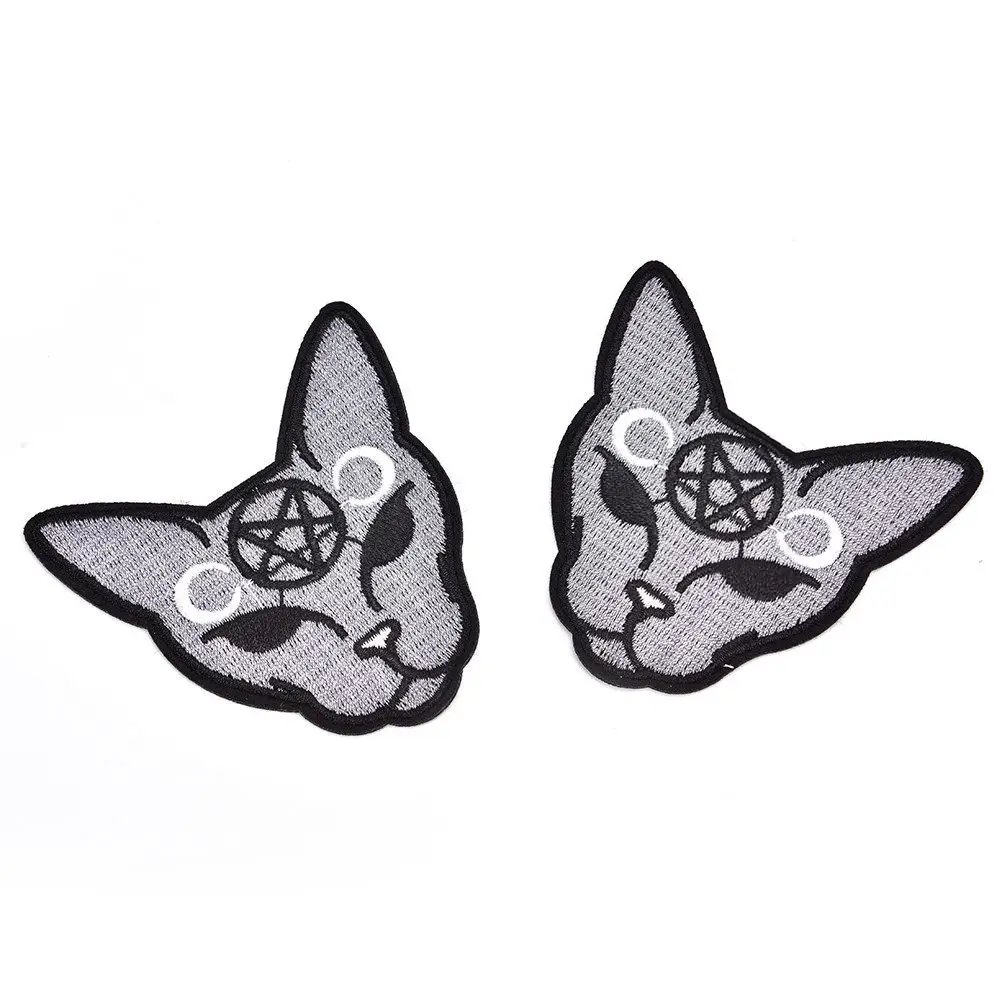 2pcs/lot Cat Iron On Patch Embroidery Sewing DIY Customise Cotton Halloween Inverted Pentagram Crescent Moon