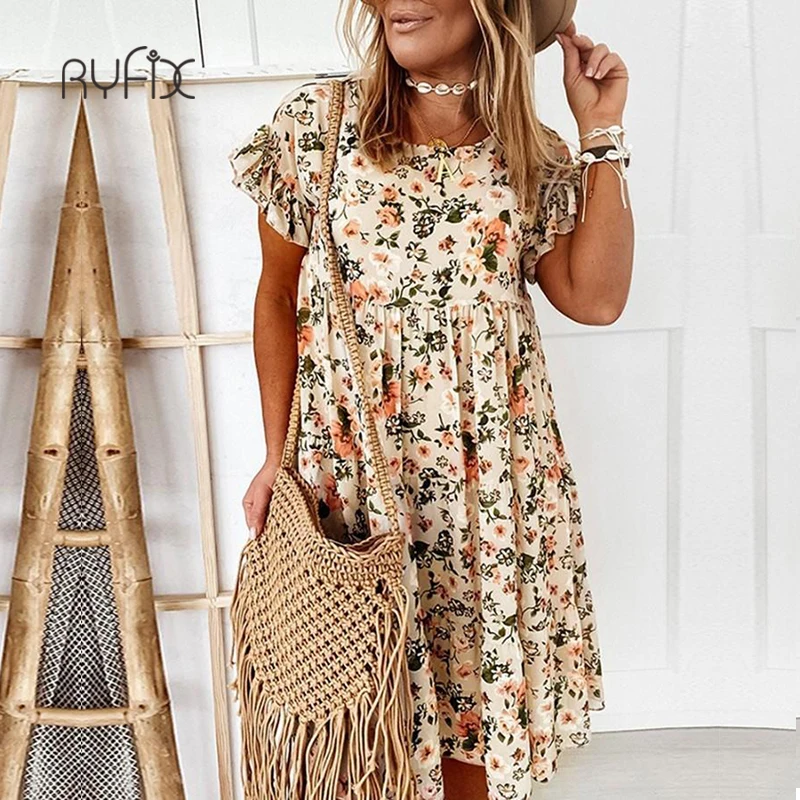 

RYFIX 2022 New Floral Print Summer Dress Women Bohemian Short Sleeve Woman Dress Female Mini A-Line Ruffles Dresses for Women