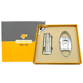 

COHIBA Silver Metal Cigar Windproof Lighter 3 Torch Flame Cigarette Cigar Refillable Lighters With Cigar Punch Cutter Gift Set