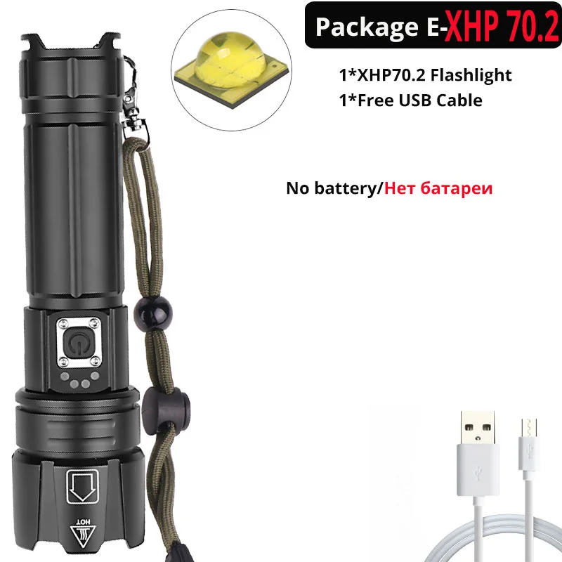 Package E-XHP70.2 Яркий Перезаряжаемый светодиодный светильник-вспышка XHP70.2 XHP90, мощный фонарь, супер водонепроницаемый охотничий светильник с зумом, 18650 или 26650 Battey - Испускаемый цвет: Package E-XHP70.2