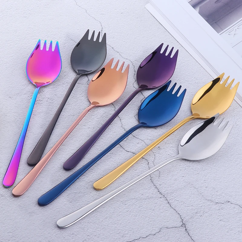 

New 2PCS Multifunction Metal Spoon Stainless Steel Blue Spoon Long Handle Gold Salad Spoons Dessert Spoons Set Rainbow Polish