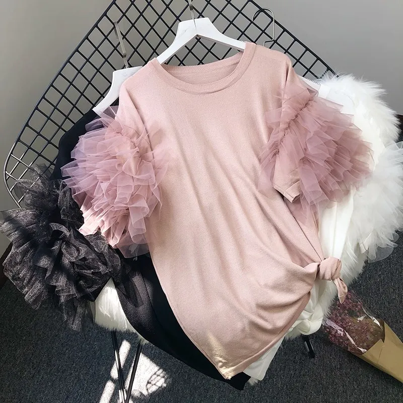 

Women 2019 Summer Loose Knitted White Tops Short Sleeve Lantern Mesh T-Shirt Female Pink Thin Knitted Tees