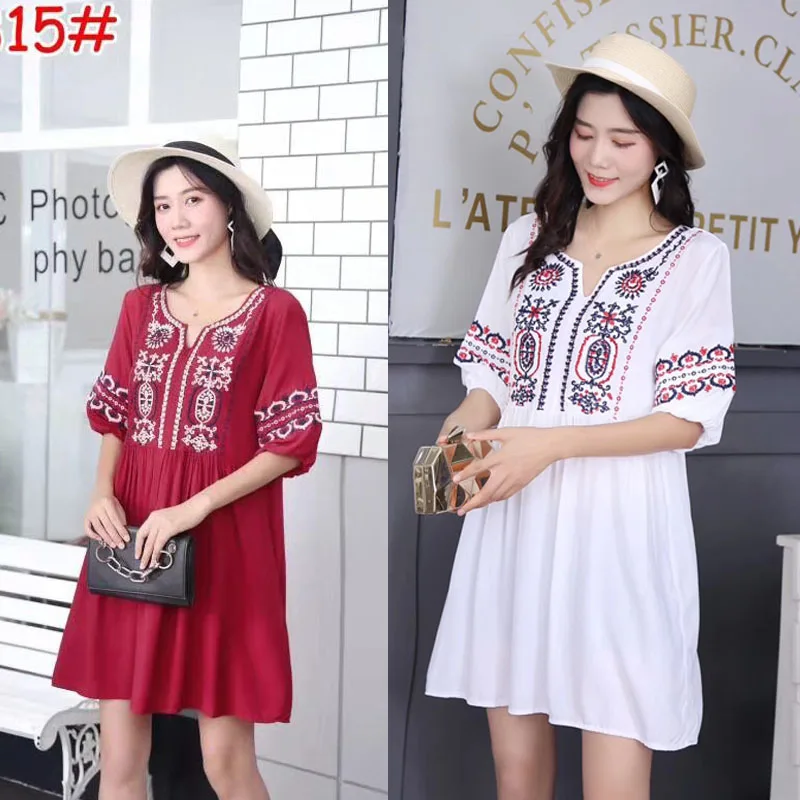 

Summer Women Floral Embroidery Cotton Linen Holiday Dress Lantern Sleeve Pleated Casual Retro Beach Loose Dresses Vestido Mujer