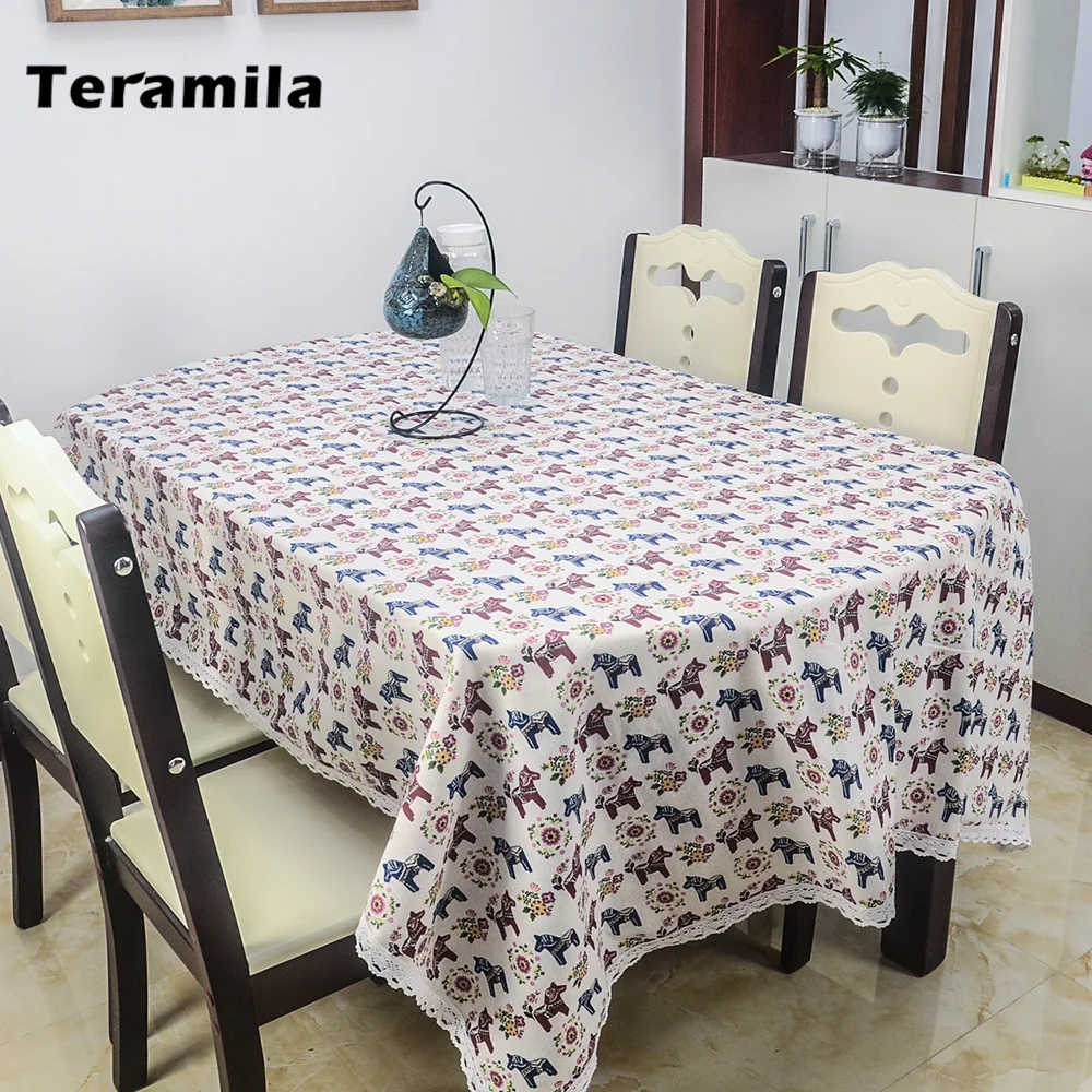 Teramila Hobbyhorse And Flower Design Rectangular Dining Tablecloth Lace Side Kitchen Party Wedding Mantel Square Table Cover