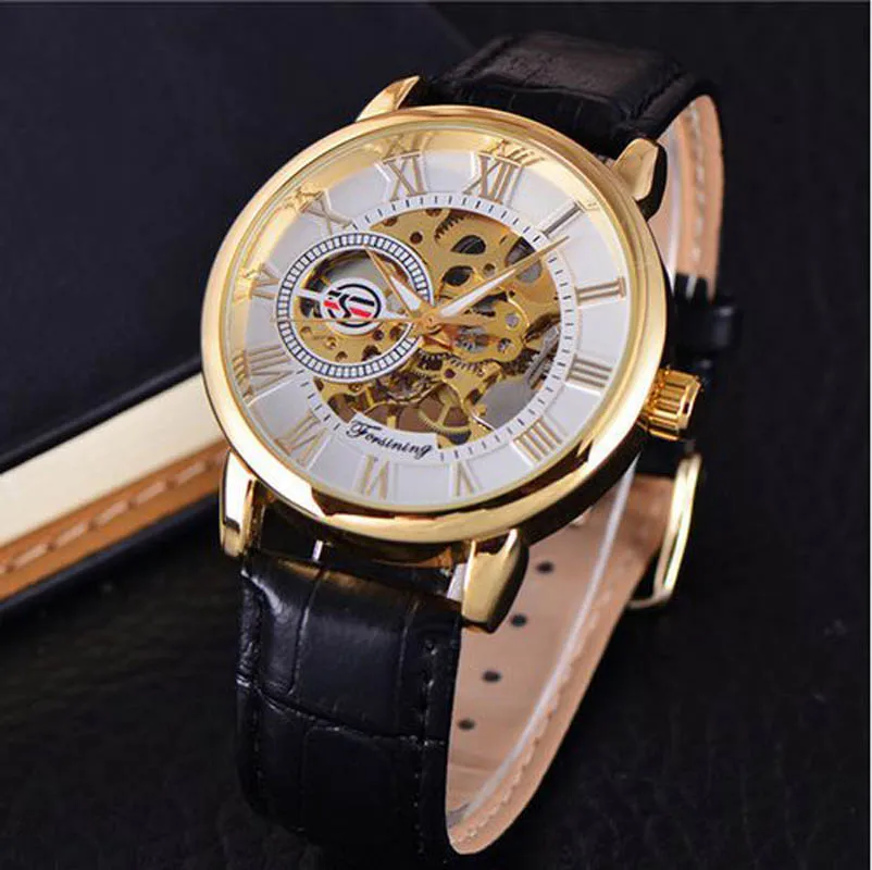 2021 Fashion 3D Logo Engraving Golden leather belt Men Mechanical Watch Forsining Transparent Case Top Brand Luxury Skeleton