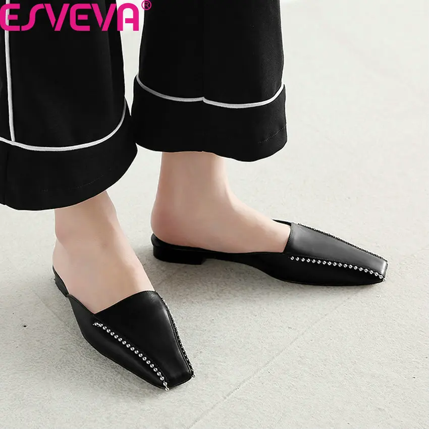 

ESVEVA 2020 Square Toe Fashion Rivet Slingback Summer Ladies Sandals Quality Cow Leather Slip on Women Flats Shoes Size 34-41