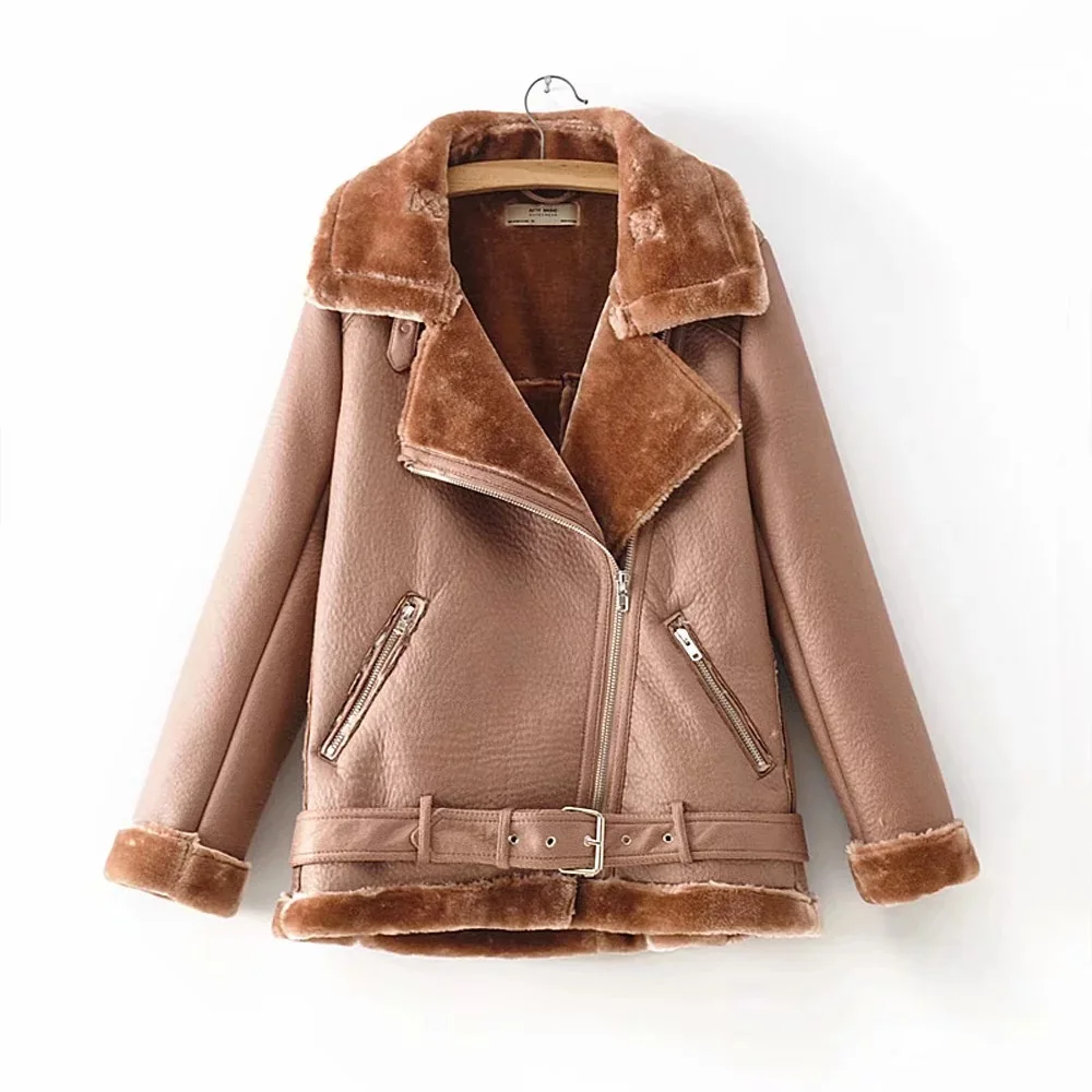 Женское осеннее и зимнее плотное меховое пальто с отворотами, локомотивным поясом, на молнии, кожаная утепленная бархатная теплая куртка