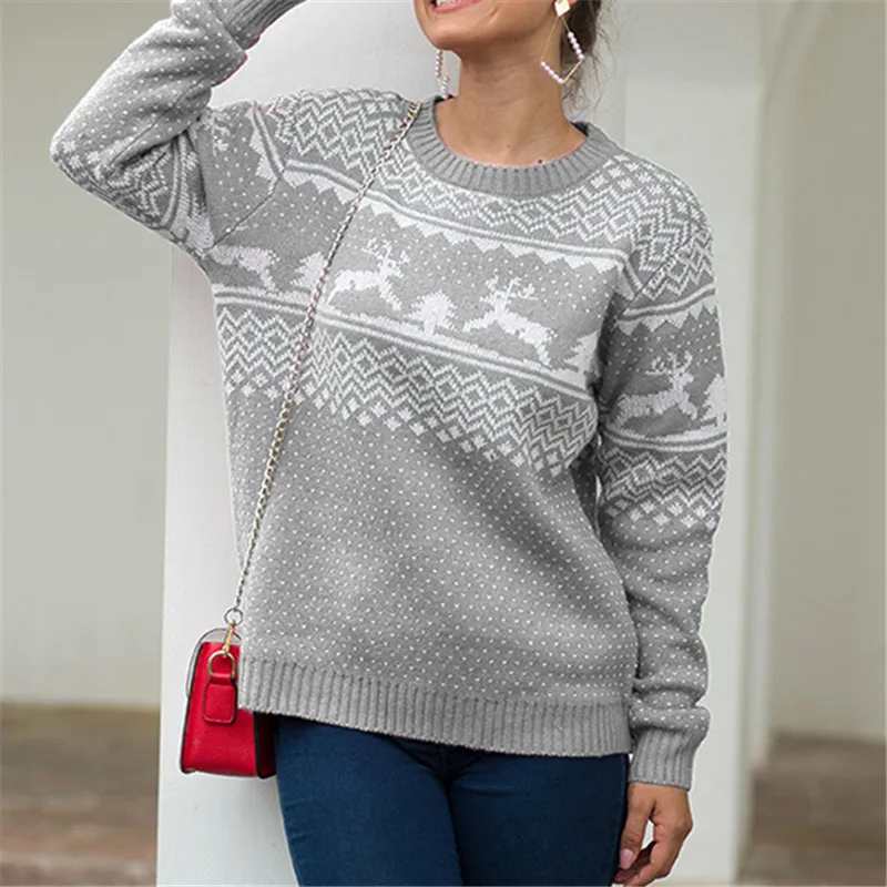 gray sweater Рождественский женский свитер, пуловер с принтом лося, свитера, осенне-зимние топы, женская одежда с длинным рукавом, вязаный повседневный, высокое качество - Цвет: gray sweater