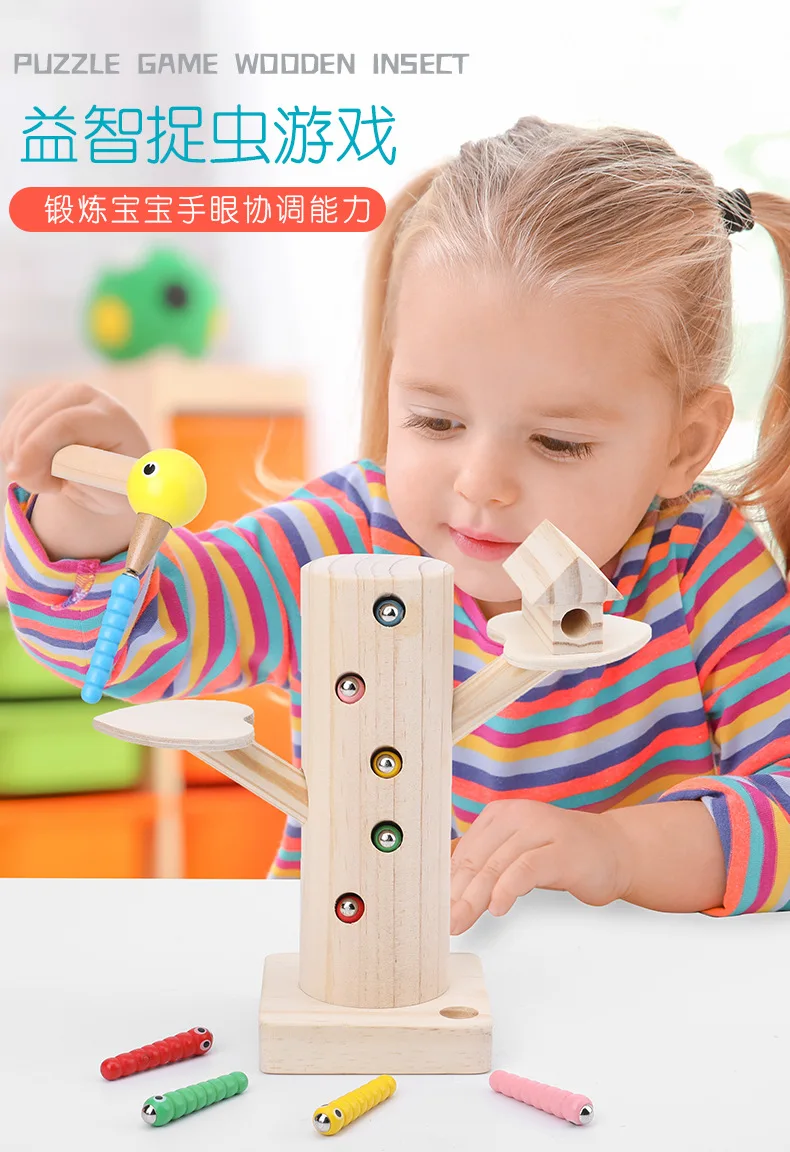 Для детей дошкольного возраста, обучающая игрушка для раннего обучения, дятел, ловить червей, игра, магнитная 3D головоломка, деревянные