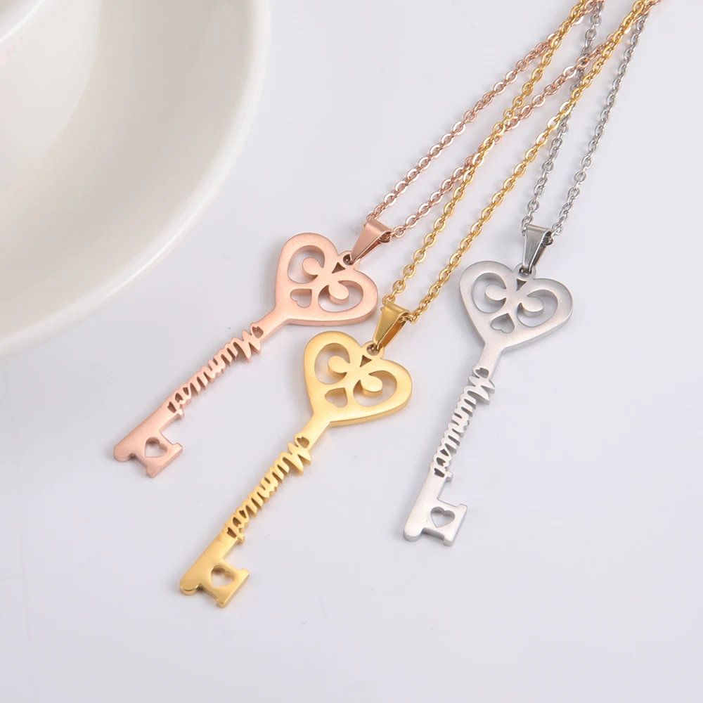 

Lemegeton Personalized Customized Name Necklace Stainless Steel Key Heart Pendant Nameplate for Women Family Lover Jewelry