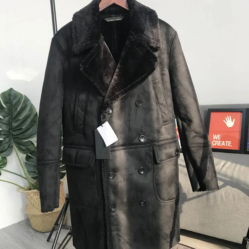 Зимнее Мужское пальто из овчины, толстая меховая подкладка, теплая длинная куртка, двубортная замшевая кожаная куртка, мотоциклетная верхняя одежда, пальто