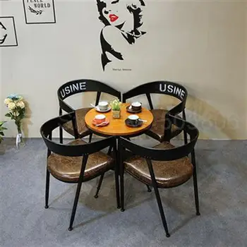 

Iron dining chair loft industrial wind milk tea dessert baking shop cafe chair solid wood round table and chair combination