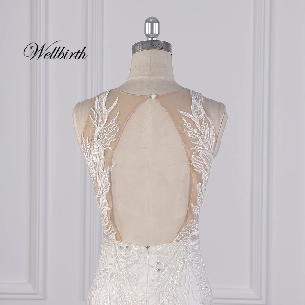 Реальное изображение Wellbirth Vestido de novia с глубоким вырезом, без спинки, свадебное платье русалки с коротким рукавом, свадебное платье JC028