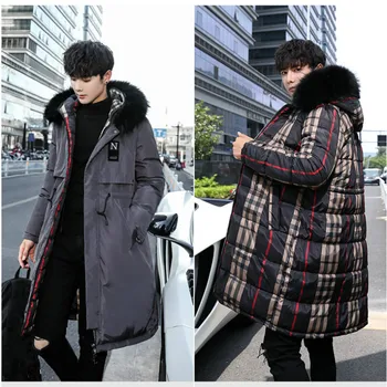

YASUGUOJI Men Winter Thicken Warm Cotton Padded Long Jacket Fashion Big Fur Hooded Mens Parka Jacket Double Size Wear Coats Men