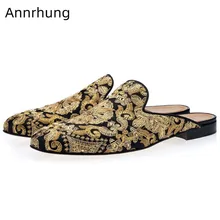Роскошные мужские шлепанцы с золотой вышивкой; слинбэки; туфли без задника в стиле ретро с круглым носком; вечерние шлепанцы на плоской подошве; Мужская обувь без застежки; chaussure homme