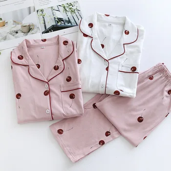 

Knitted Sleepwear Spring Autumn Cherry Print Casual Wearable Pajamas Women's Two-piece Suit Cotton Home Suit Kawaii Pajama