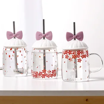 

Lovely Petal Glass with Lid Handle Brief Transparent Water Cup with Bowknot Straw Large Capacity High Temperature Resistant Mugs