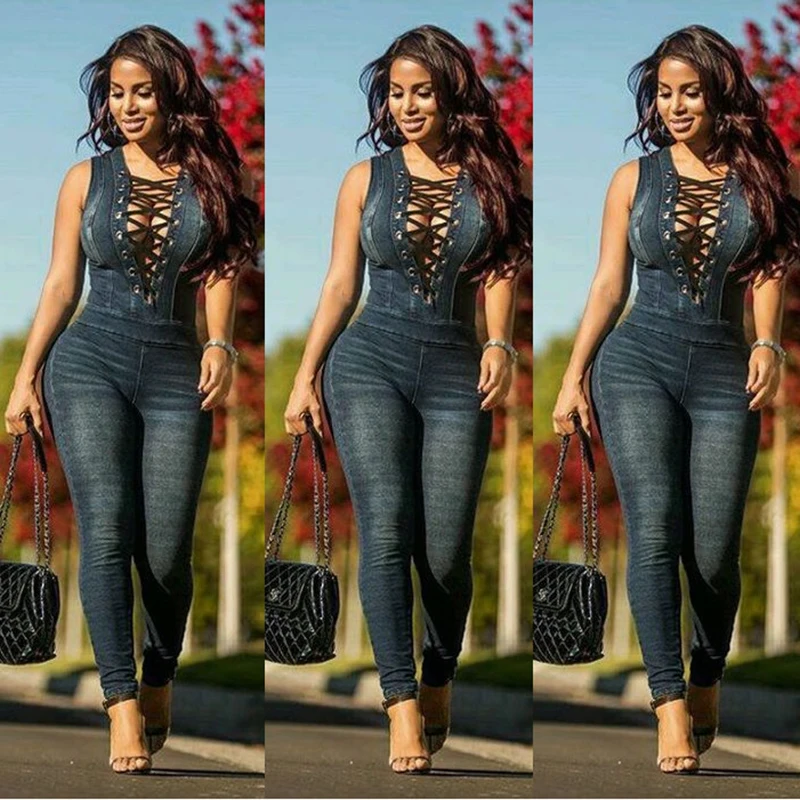 New Style Plus Size Denim Rompers Overalls Women Skinny Jeans Sexy Blue Lace-up V Neck Sleeveless Denim Jumpsuits Bodysuit 2020