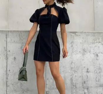 

2020 fashion women short sleeve defined waist slim hollow out solid women mini dress