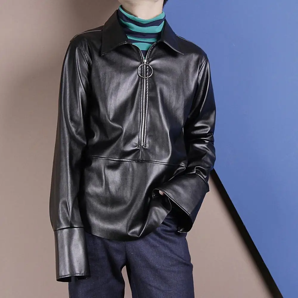 S-6XL! оригинальная металлическая молния, украшение, длинный рукав, лацканы, искусственная кожа, рубашка осень-зима, мужская одежда