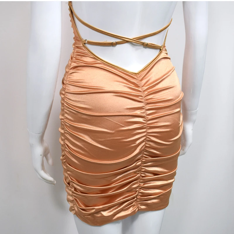 NewAsia Garden Backless Sexy Dress Women Summer Spaghetti Straps Slash Neck Bodyocn Dress Pink Ruched Dress Short Ropa Mujer