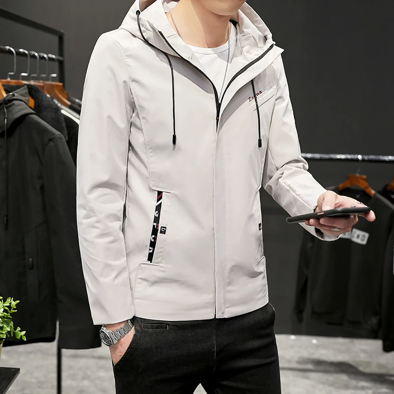 Promotion Green Black Beige Jacket Men Casual Hooded Coat Letter Print Armband 2020 New Fashion Clothing Zipper Windbreaker Jackets Male