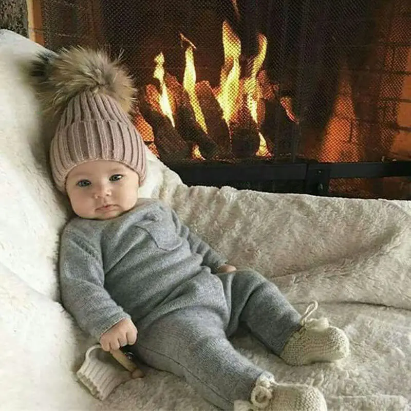Fashion Matching Hat Women Kids Baby Warm Winter Knit Beanie Fur Pom Bobble Hat Crochet Mother and me Ski Cap Set