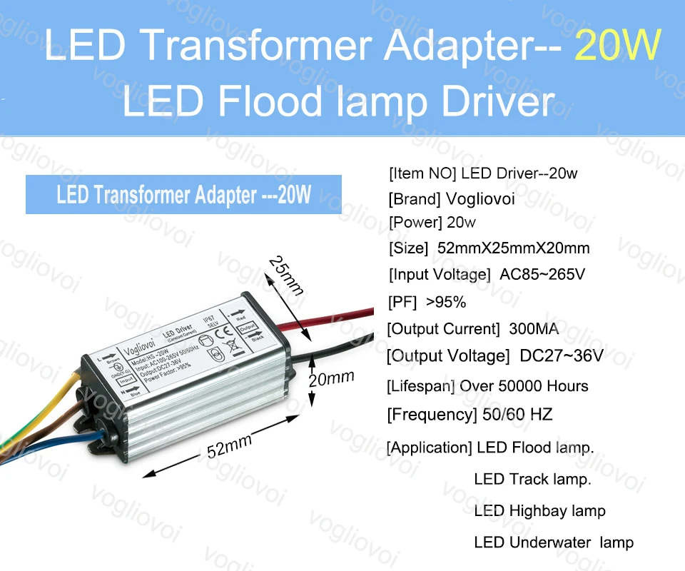 Vogliovoi светодиодный трансформатор 20 Вт низкий ток для прожектора HighBay AC110V AC220V алюминиевый IP67 Светодиодный адаптер трансформатора