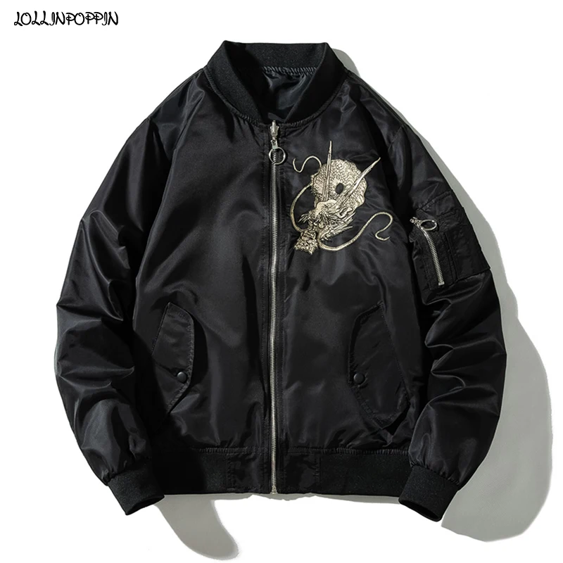 

Japan Style Streetwear Dragon Embroidery Men Black Baseball Bomber Jacket Stand Collar 2022 New Flight Pilot Coat Male Outerwear