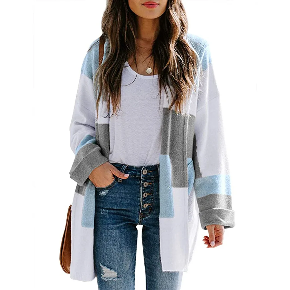 

Women's Knitwear Sweater Irregular Block Stitching Autumn and Winter New Contrasting Color Hooded Knit Cardigan Female Clothes