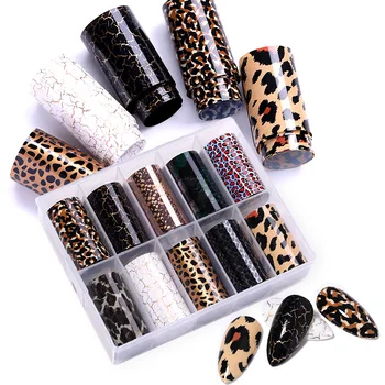

10Pcs/Box Leopard Nail Foil Stickers Snake Print Marble Sexy Mixed Transfer Decals Set Adhesive Wraps Accessories Decoration