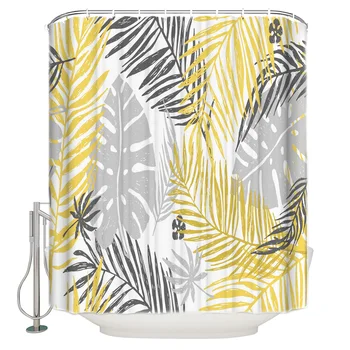 

Palm Leaf Yellow Gray Leaves Tropical Plant Shower Curtain Waterproof Bathroom Curtain Polyester Bath Curtain Home Decor
