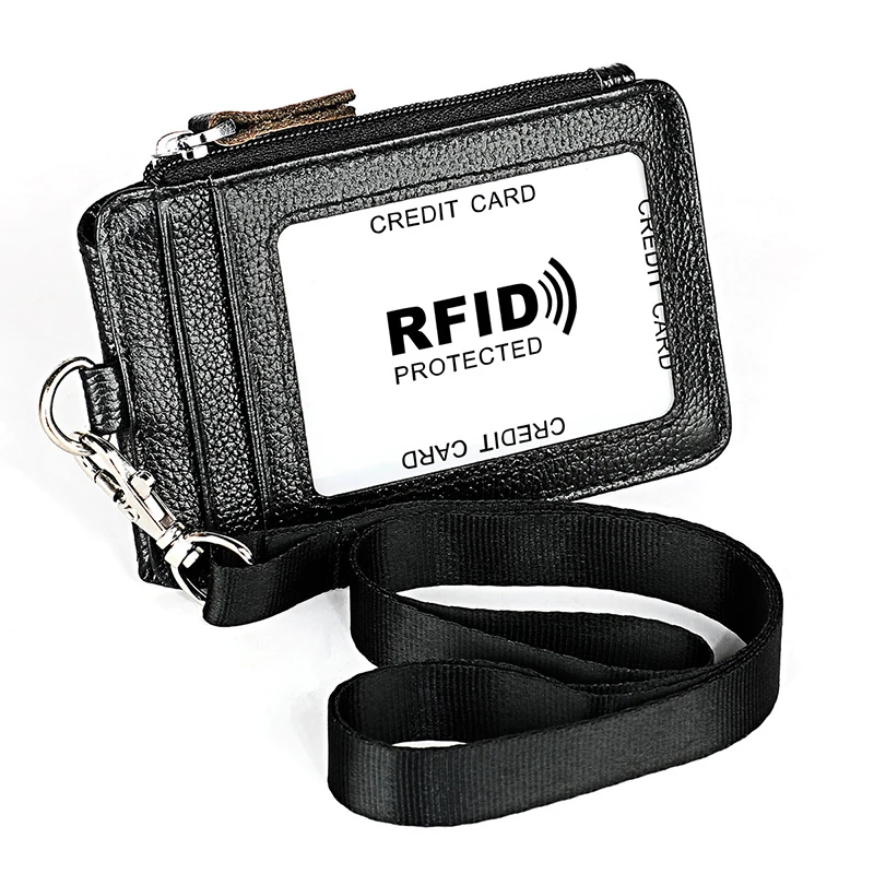 Черный RFID мужской кошелек из натуральной кожи, Одноцветный, Для водительских прав, ID, наличные, мульти-карта, держатель для карт, мужской короткий, подвесной, на шею, кошелек для монет - Цвет: Черный