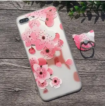 

Matte 3D Relief Pink Sakura Flower Girl Pattern Phone Case For Phone 8 7 Plus Cover For Phone X 6S 5S SE With Finger Ring