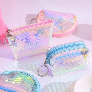 

1 PC Mini Laser Fish Scales Sequined Coin Purse Girls Transparent PVC Small Flashing Colorful Zipper Wallet Coin Purse Wallet