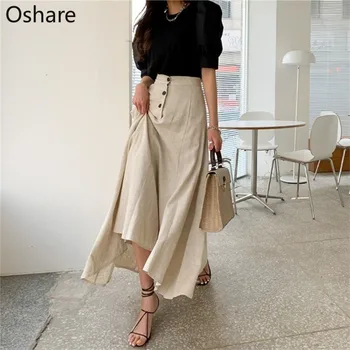 

2020 Women's Skirts Summer Casual Vintage Elastic Waist Buttons Irregular Cotton and Linen Split Long Skirts Female
