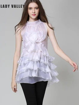 

Free shipping sexy perspective decal cascading lotus leaf sleeveless organza shirt ladies summer fashion temperament