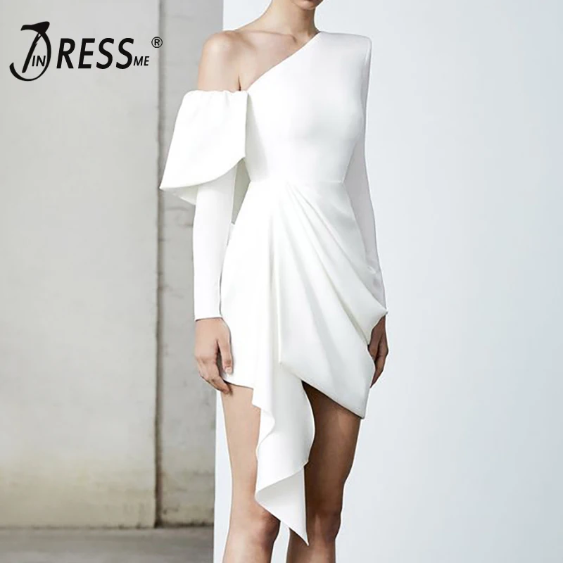 INDRESSME новые модные женские вечерние белые платья для клуба, сексуальное асимметричное драпированное платье с открытыми плечами и длинным рукавом Ins