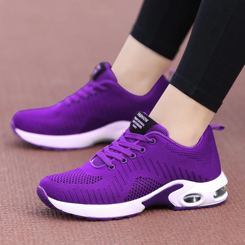 Zapatillas de deporte moda para mujer, zapatos informales de malla transpirable, con plataforma de punto, color morado, rojo y negro|Zapatos vulcanizados de - AliExpress