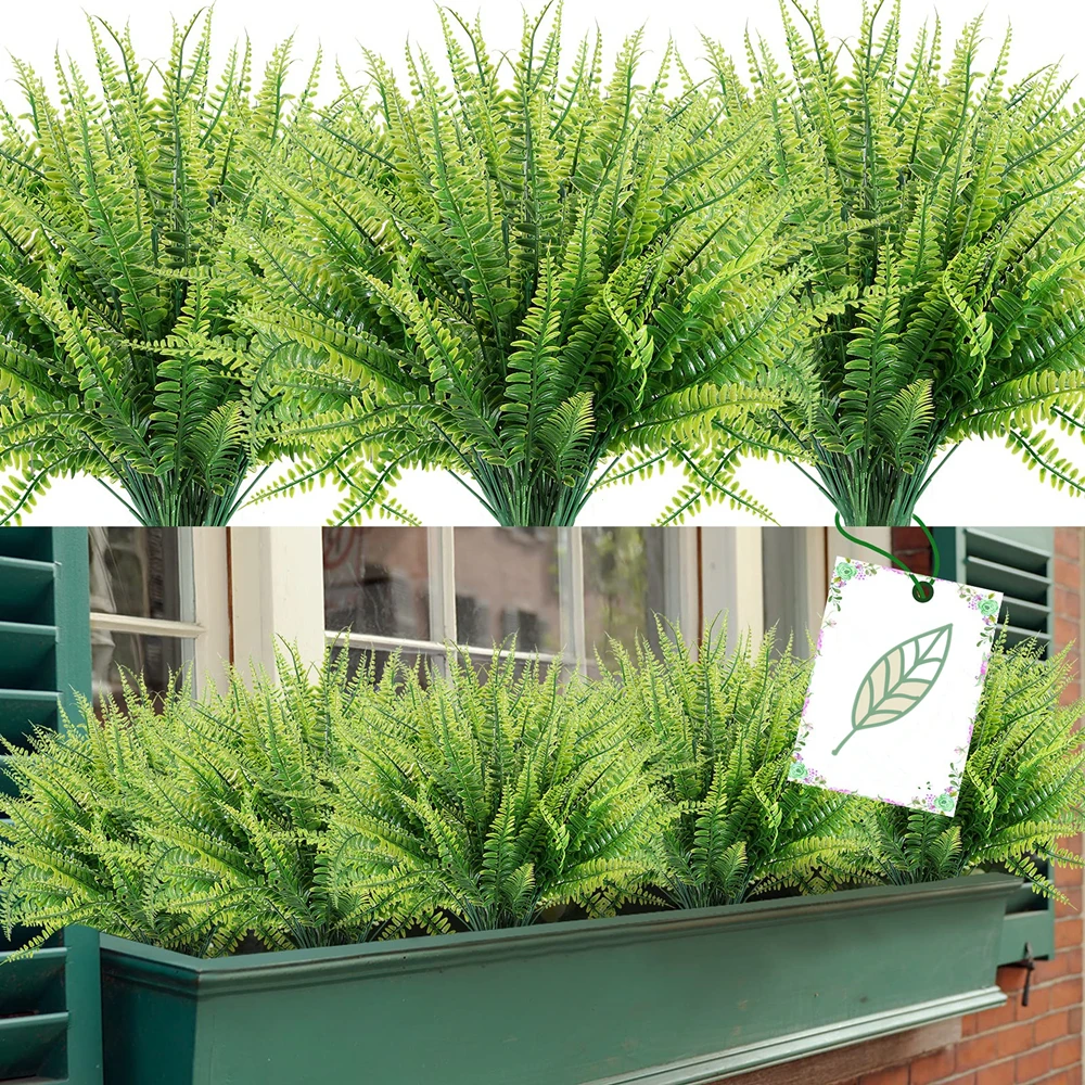 Artificial Boston Fern Plants Bushes Artificial Shrubs Greenery for House Plastic Outdoor UV Garden Resistant Office Garden Indoor Decor (Pack of 4)