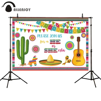 

Allenjoy Mexico Backdrop Straw Hat Cactus Guitar Party Banners Background Baby Shower Gender Reveal Event Wallpaper Photozone