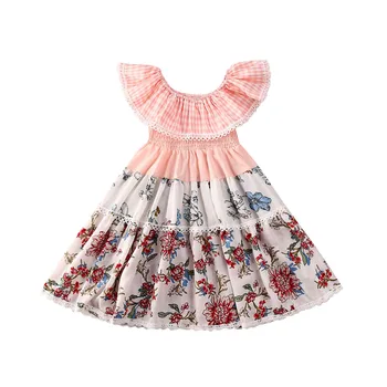 

2020 Toddler Dress Kids Baby Girl Clothes Pageant Princess Dress Summer Plaid Ruffle Floral Patchwork Lace Floral Dresses 6M-5Y