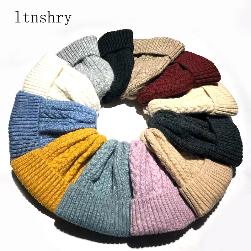 

2019 New Winter Solid Color Wool Knit Beanie Women Fashion Casual Hat Warm Female Soft Thicken Hedging Cap Slouchy Bonnet Ski